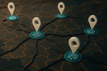 Digital map with location pins, modern navigation concept showcasing multiple points of interest and interconnected routes.
