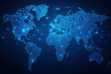 Glowing world map visualization, abstract digital representation of global connections, suitable for tech and travel themes.