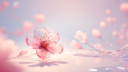 A close-up of a delicate peach blossom in its early bloom, with soft pink petals and a subtle gradient background in light pink. The 3D rendered scene highlights the flower's beauty