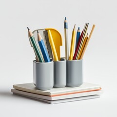 Fototapeta premium Grey Desk Organizer with Colorful Pencils and Notebooks