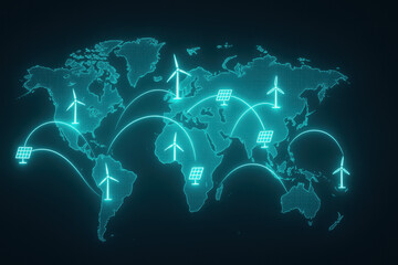 Digital world map with glowing connections, modern network visualization, technology theme, ideal for global communication concepts.