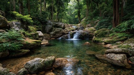 Tranquil cascade flows into a pristine pool amidst lush forest foliage