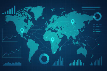 Global connectivity map, abstract world map illustration in teal tones highlighting countries, perfect for travel content.
