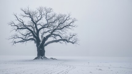 Fototapeta premium AI Generated Solitary Snow-Covered Oak Tree in a Winter Landscape