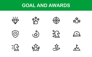 Goal and Awards Icon Set Representing Achievement, Medal, Trophy, Target, and Success Concepts in a Minimal, Vector-Based Stock-Friendly Design