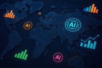 Global data visualization, abstract world map with colorful icons representing analytics, technology theme, space for text.