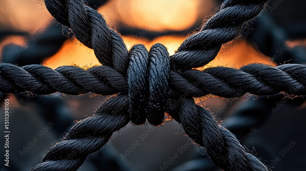 Poster abstract close-up of black ropes forming mesh pattern, soft sunset glow in the background