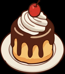 Cartoon Chocolate Cake Slice with Whipped Cream and Cherry on Plate