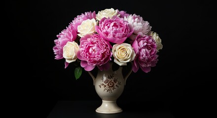 Elegant Pink and White Peonies in an Ornate Vase: A Still Life