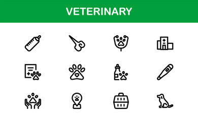 Veterinary Icon Set Featuring Pet Health, Animal Care, Medical Tools, and Clinic Concepts in a Clean, Minimalist, and Vector-Based Stock Design
