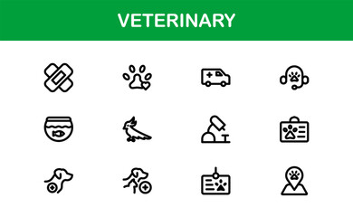 Veterinary Icon Set Featuring Pet Health, Animal Care, Medical Tools, and Clinic Concepts in a Clean, Minimalist, and Vector-Based Stock Design
