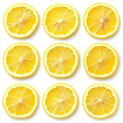 Nine Bright Yellow Lemon Slices on White Background