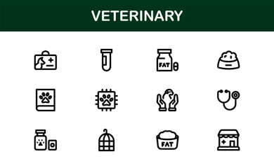 Veterinary Icon Set Featuring Pet Health, Animal Care, Medical Tools, and Clinic Concepts in a Clean, Minimalist, and Vector-Based Stock Design