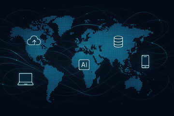 Digital world map with global connectivity icons, modern tech theme emphasizing communication and information exchange.