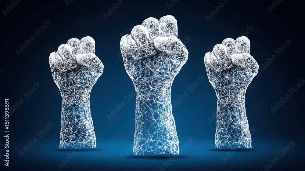 Poster two hands with intricate wire pattern representing connectivity and collaboration in a digital team 