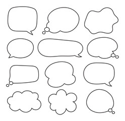 Speech symbol hand drawn talk and thinking. Bubble with clouds thin line set.