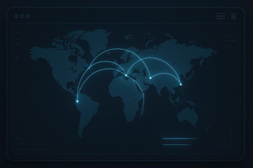 Global connectivity map, digital world map showcasing interconnected data points, theme of technology and communication.