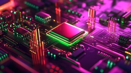 Close-up of a glowing processor chip on a circuit board