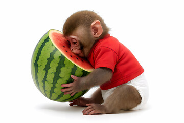 Adorable Baby Monkey in Red Shirt Eating Watermelon on White Background