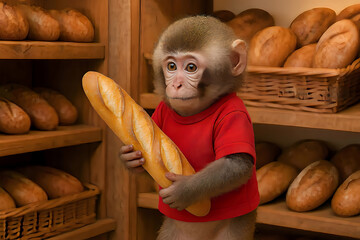 Cute Baby Monkey in Red Shirt Holding Baguette in a Bakery