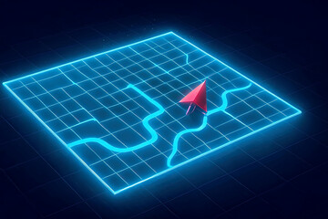 Futuristic GPS Navigation Interface with Glowing Neon Map and Arrow Pointer