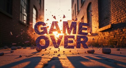 Exploding "Game Over" Text in Alleyway with Dramatic Lighting.