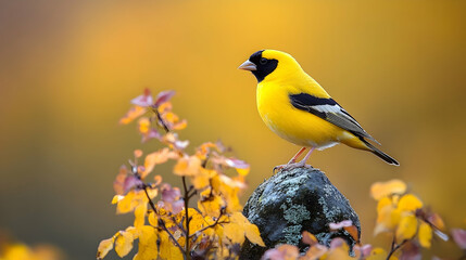 Naklejka premium Vibrant yellow bird perched on a rock amidst autumn foliage.