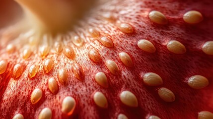 A close up of a red mushroom with white spots showing the texture and details of the mushroom surface