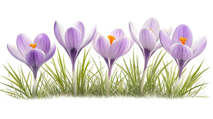Beautiful collection of purple crocus flowers blooming in green grass du sptime with delicate petals and vibrant orange stamens under natural sunlight