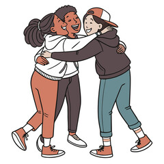 Happy group hug between close friends showing warmth, love, and cheerful connection. Ideal for themes of friendship, togetherness, and community moments.