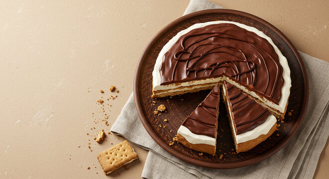 Torta alem&atilde; com cobertura de chocolate em fundo bege