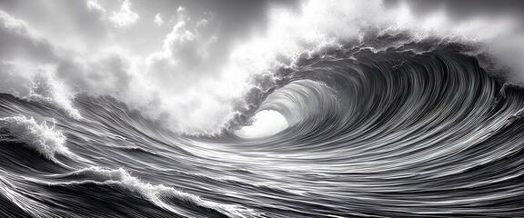 Art illustration: big wave in black and white. Monochrome