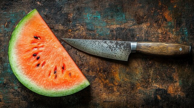 Sliced watermelon and vintage knife on rustic surface