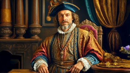 Regal renaissance nobleman in ornate historical attire with gold embroidery and velvet robes, standing confidently. A wealthy renaissance-era aristocrat wearing intricate golden garments. 1