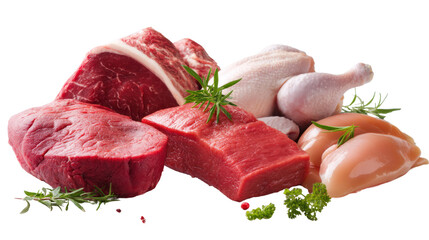 Assorted raw meat cuts, isolated on white background for culinary use.