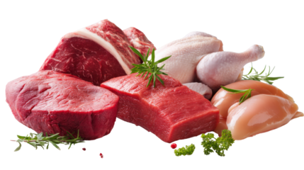 Assorted raw meat cuts, isolated on white background for culinary use.