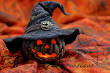 A Halloween Pumpkin adorned with a Witch Hat, illuminated by a spooky, eerie glow