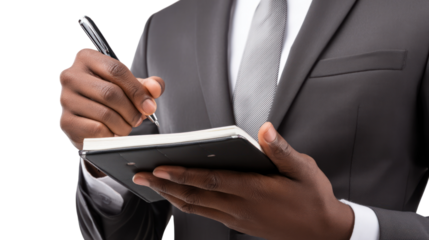 Businessman writing notes in a notebook, isolated on white background.