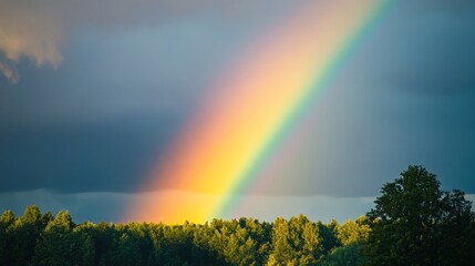 A Rainbow Arcing Over a Line of Trees After a Rain Shower