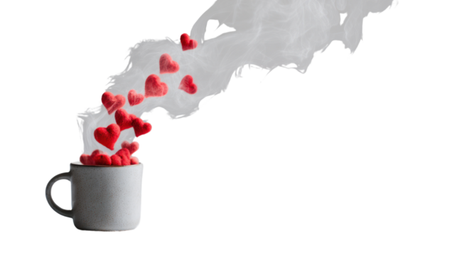 Ceramic mug with steam and heart-shaped symbols, white isolate background.