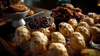 Delicate assorted cookies elegantly displayed on wooden trays, offering a variety of flavors and textures for a tempting indulgence