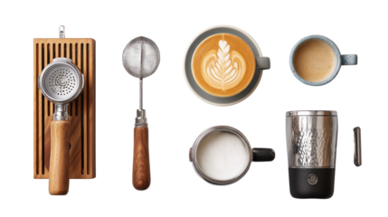 Coffee brewing tools and beverages arranged on a wooden surface.