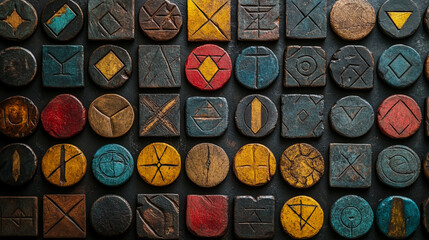 Ancient runes and symbols collection mystical alphabet esoteric signs geometric shapes occultism and magic concept.