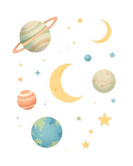 Whimsical Pastel Planets and Moons Celestial Illustration for Kids' Room Decor, Space-Themed Nursery Art, or Galaxy-Inspired Design Projects