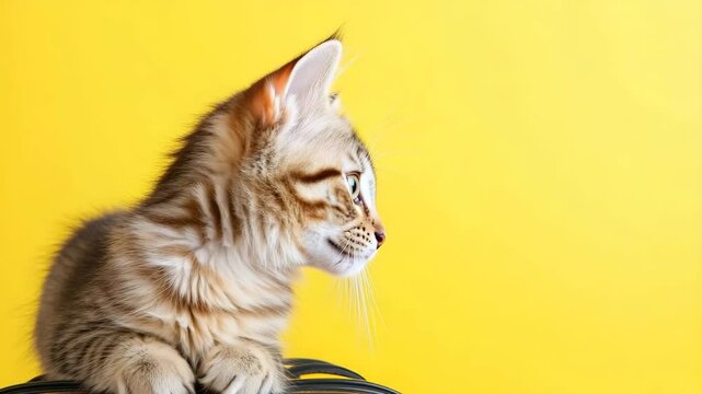 Cute tabby kitten with blue eyes and fluffy fur, young feline pet sitting black surface against bright yellow background, looking curious and playful, perfect for animal lovers who adore cute cats