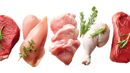 Collection of various fresh meats isolated on a white background.