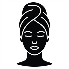 Black silhouette vector of a top-down face icon of a woman with a towel wrapped around her head, spa style