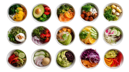 Colorful assortment of fresh vegetables and fruits in bowls, white isolated background.