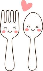 Cute fork and spoon characters with smiling faces and heart above them, perfect for kitchen