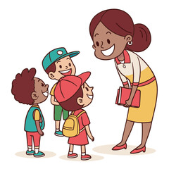 A happy educational interaction between children and a teacher near the school entrance.